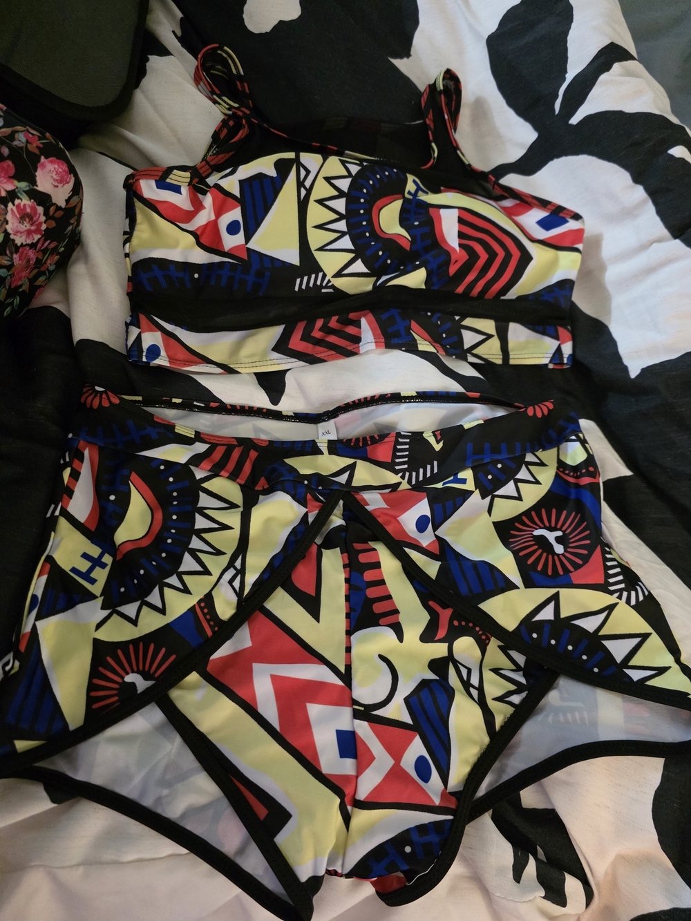 Brand New never Worn Geometric Print Two-Piece Swim Set in Yellow, Red & Blue